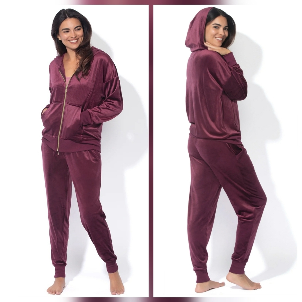 NEW! Felina Burgundy Plush Velour Full Zip Hoodie And Jogger Set Size S